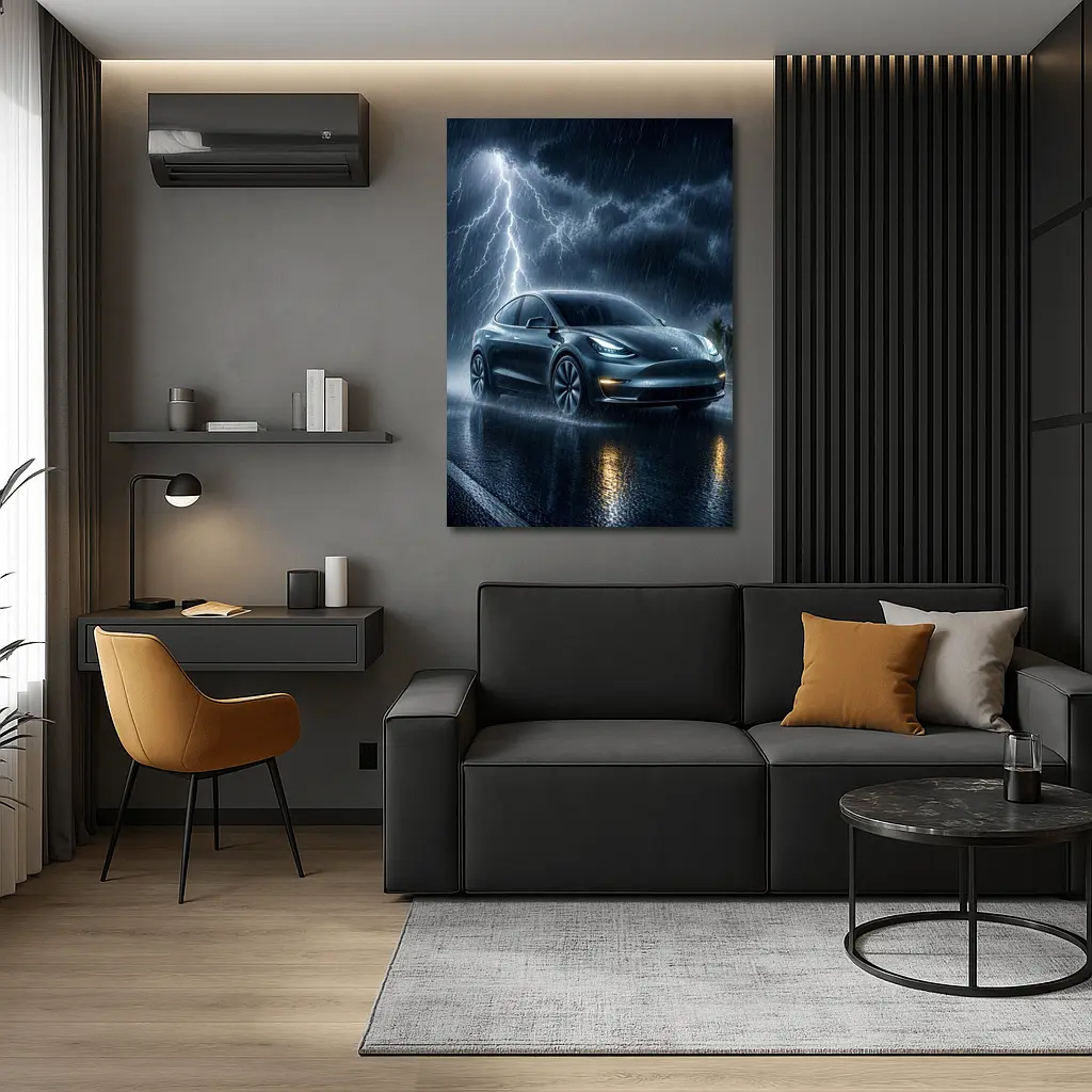 Tesla Model Y Driving Through Lightning Storm – Wall Art