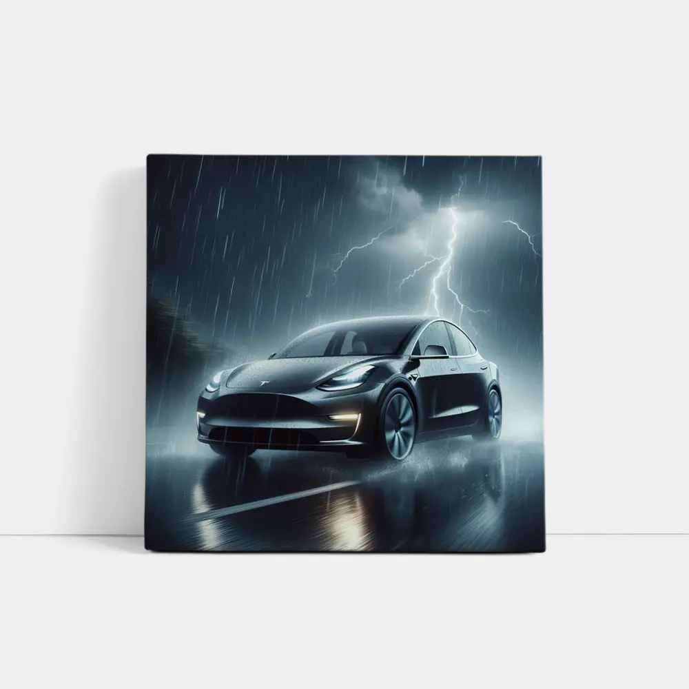 Tesla Model Y in Dark Thunderstorm Rain – Wall Art