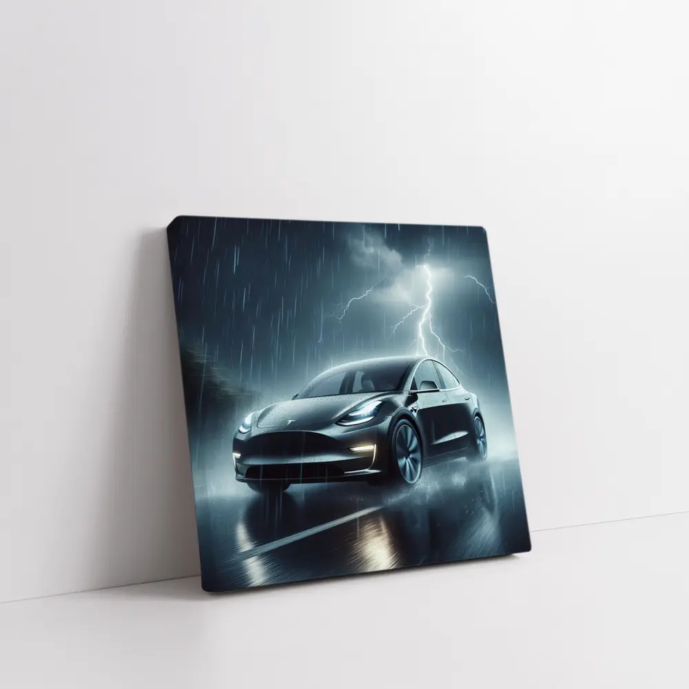 Tesla Model Y in Dark Thunderstorm Rain – Wall Art