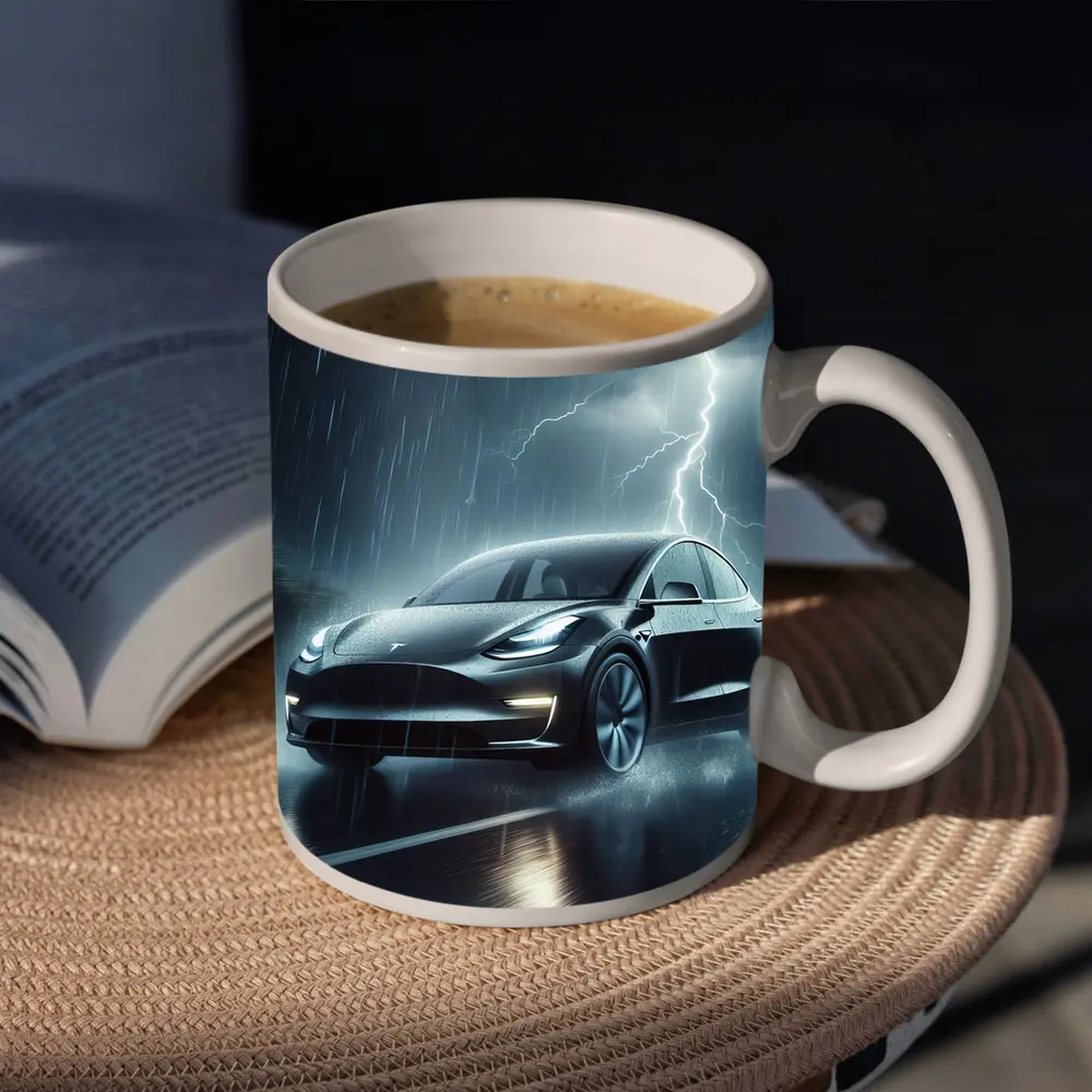 Tesla Model Y in Dark Thunderstorm Rain – Mugs