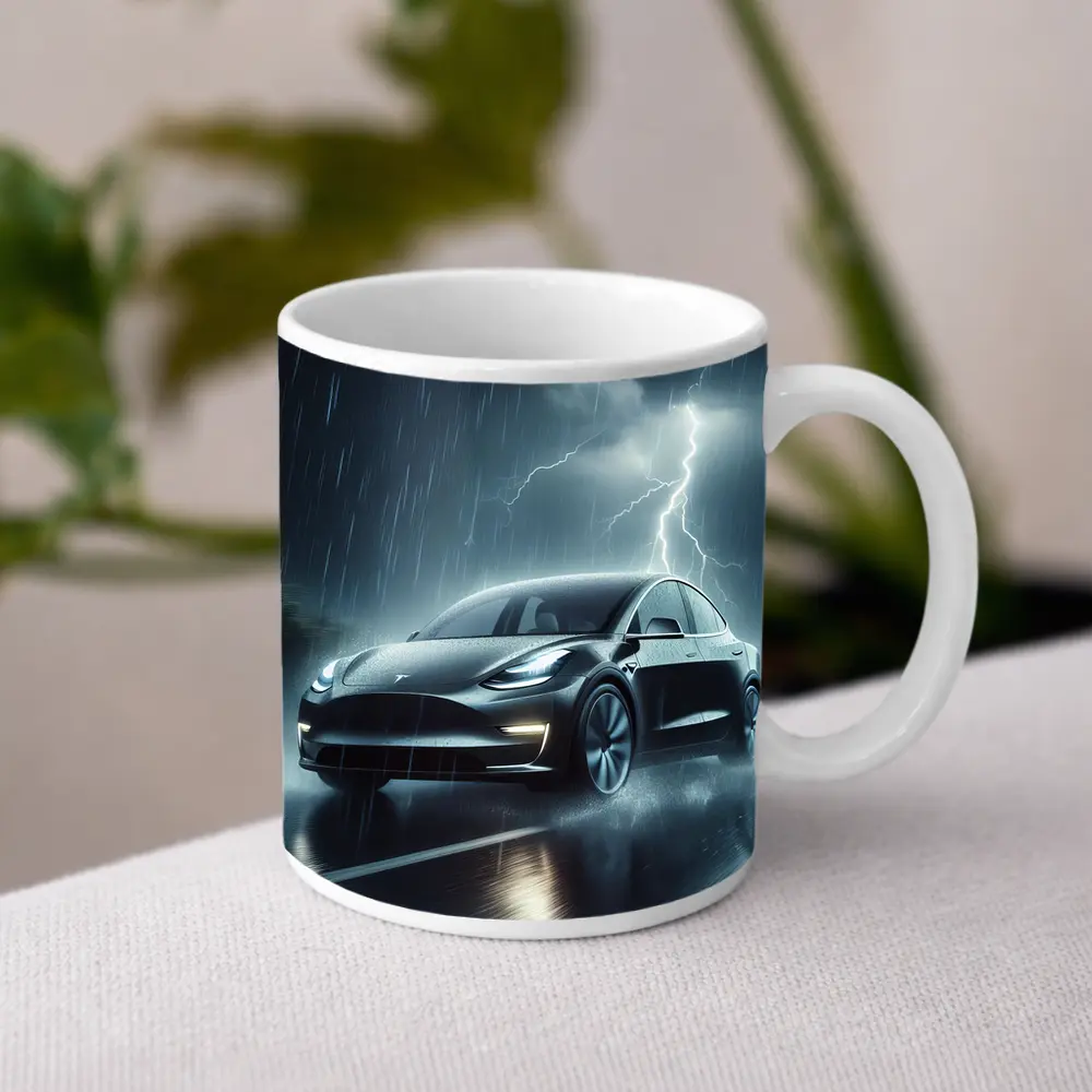 Tesla Model Y in Dark Thunderstorm Rain – Mugs