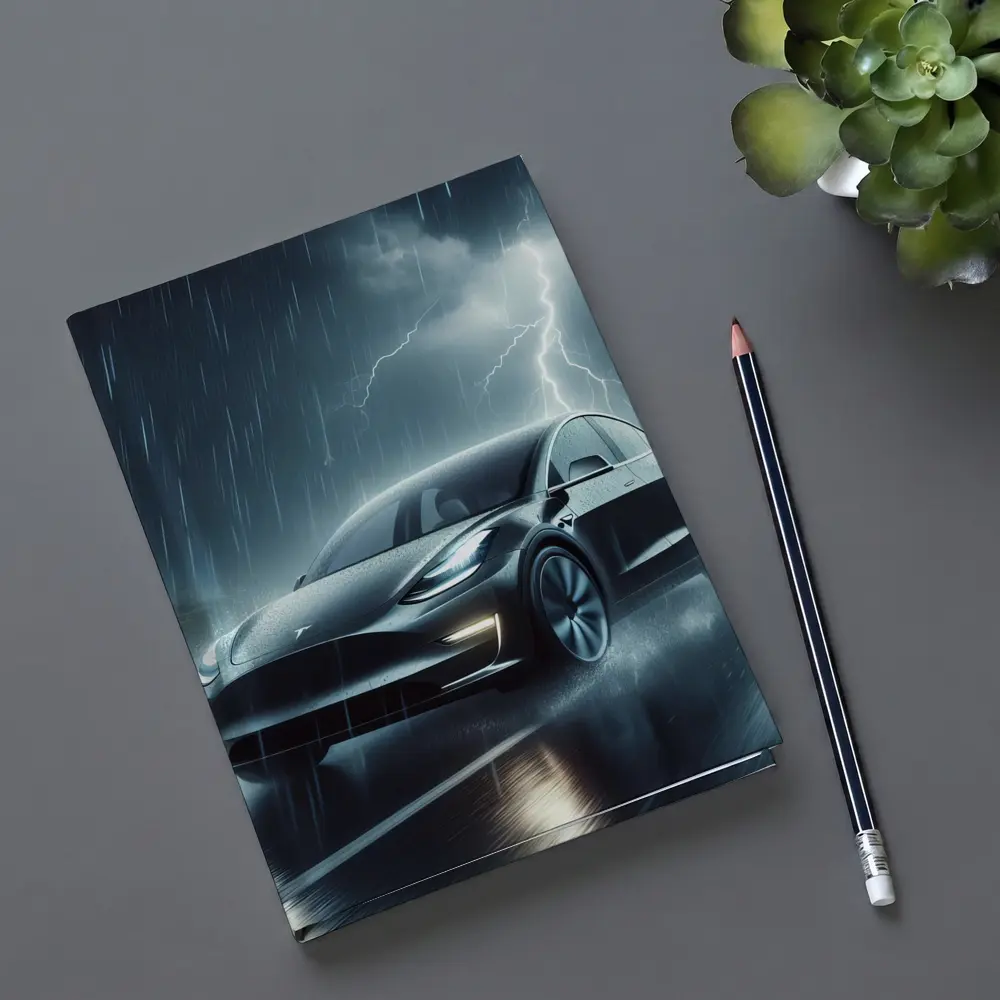 Tesla Model Y in Dark Thunderstorm Rain – Notebooks