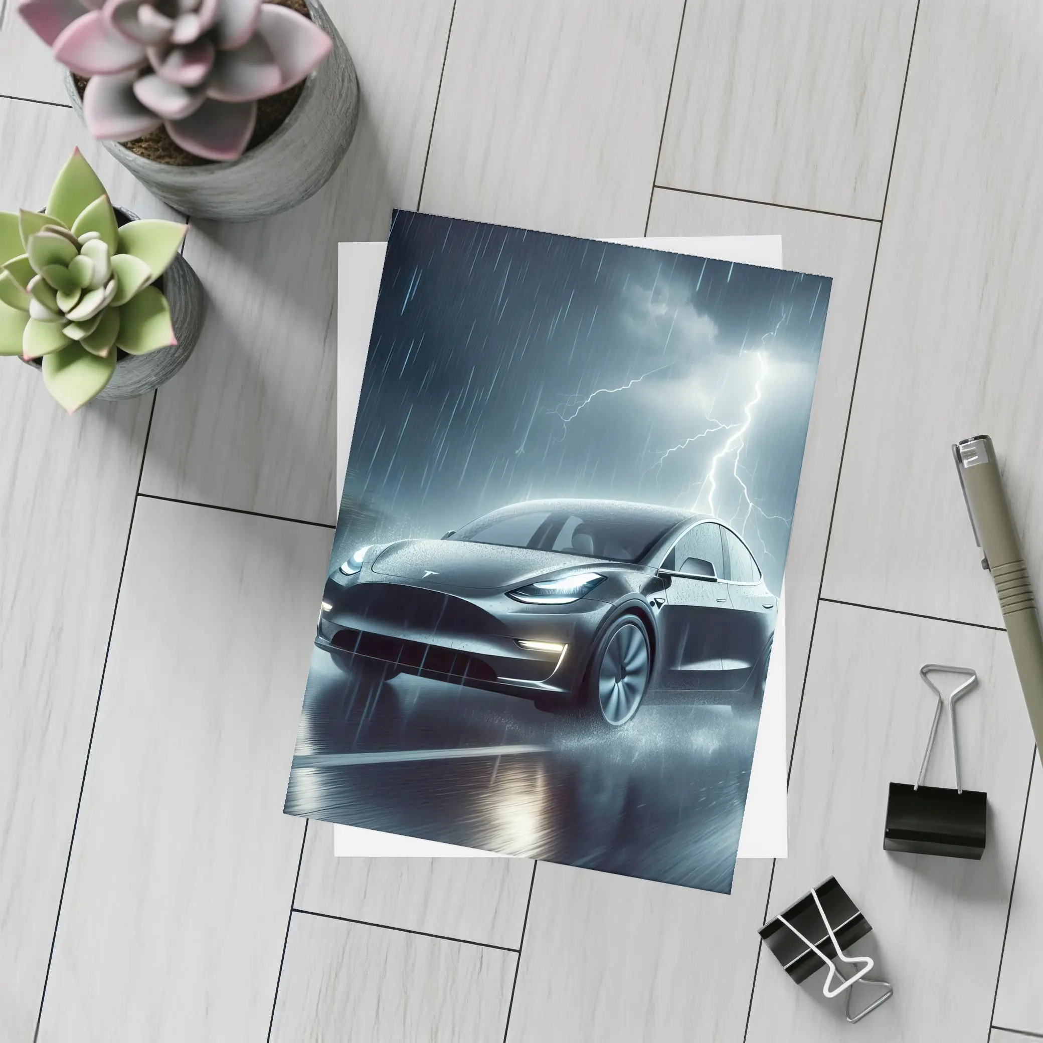 Tesla Model Y in Dark Thunderstorm Rain – Postcards