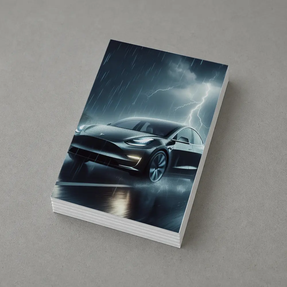 Tesla Model Y in Dark Thunderstorm Rain – Postcards