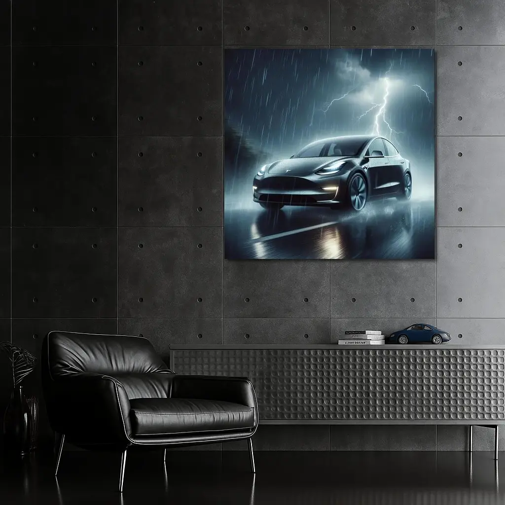 Tesla Model Y in Dark Thunderstorm Rain – Wall Art