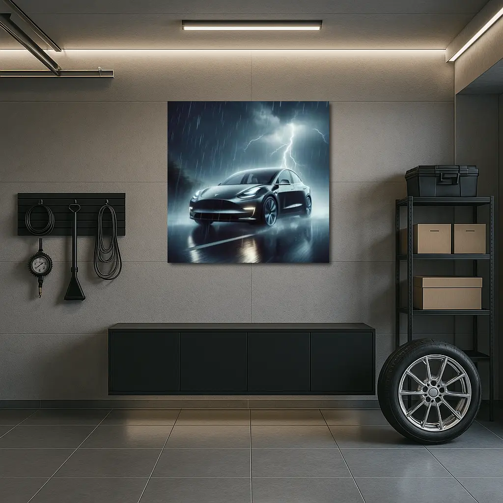 Tesla Model Y in Dark Thunderstorm Rain – Wall Art