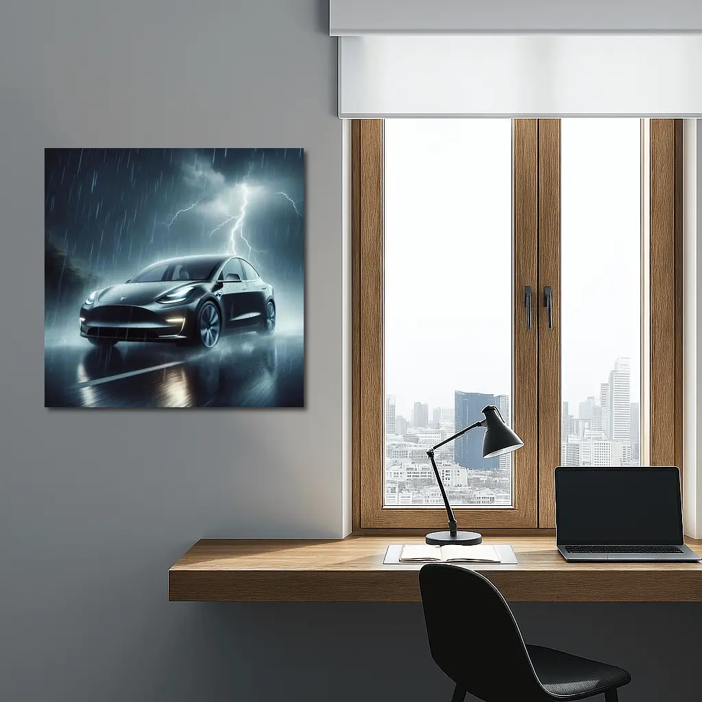 Tesla Model Y in Dark Thunderstorm Rain – Wall Art