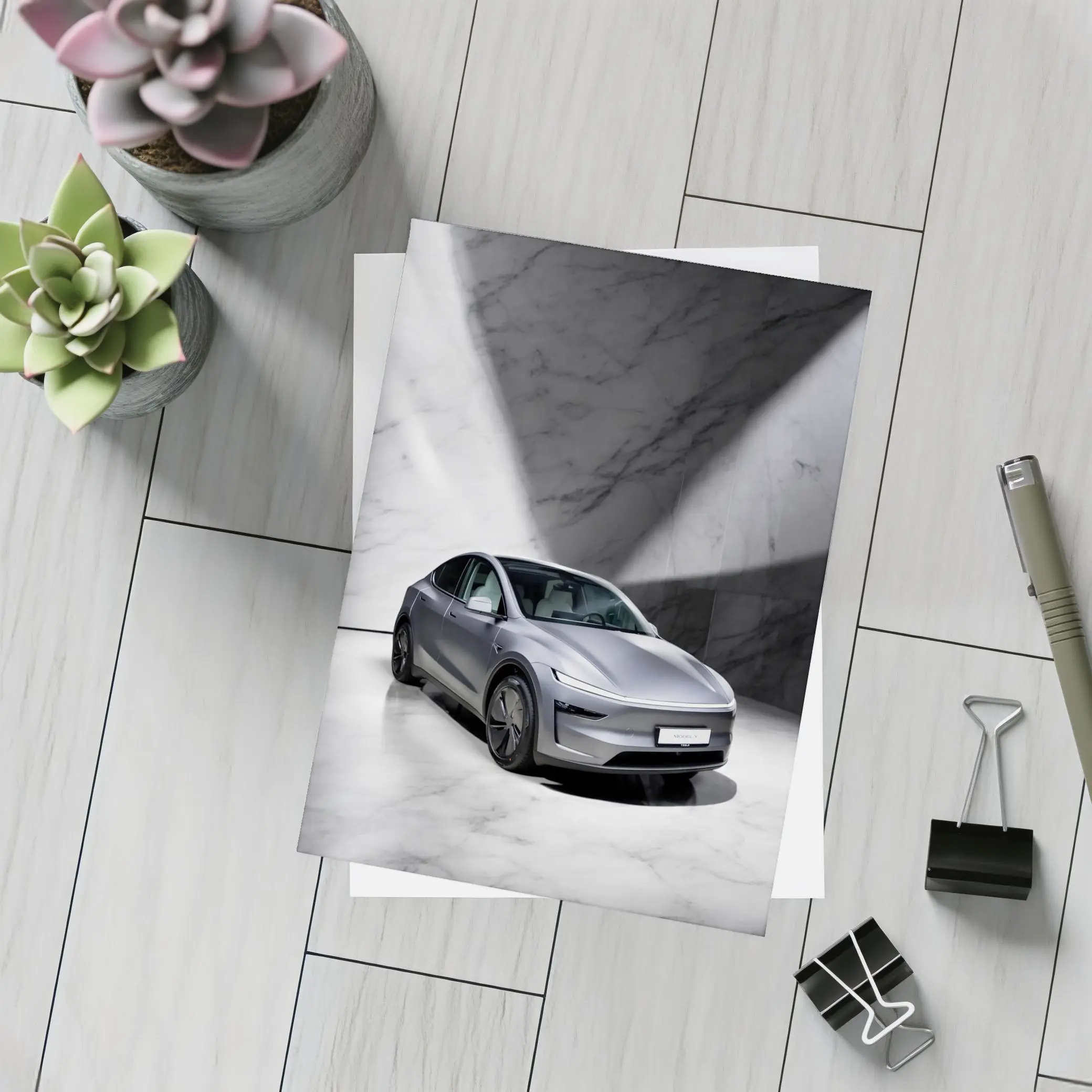 Tesla Model Y Silver Marble Studio Setting – Postcards