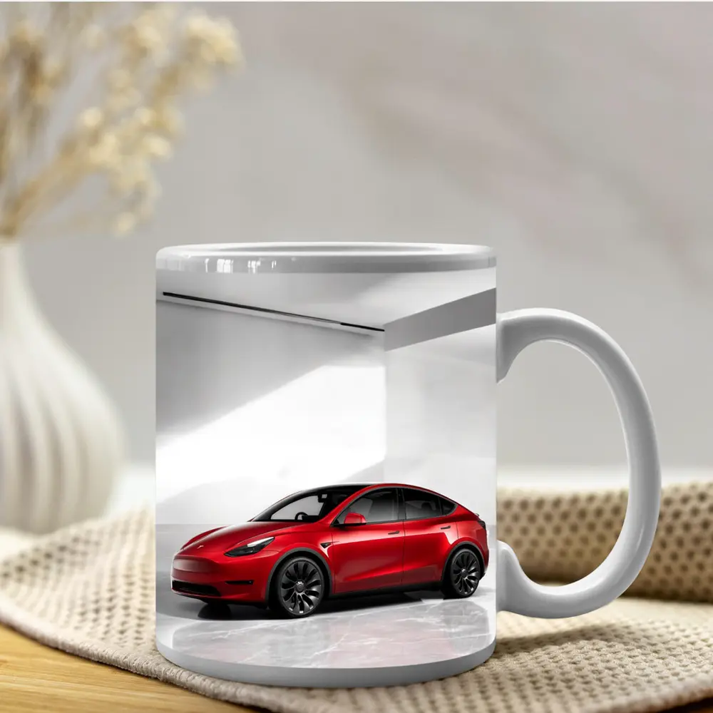 Tesla Model Y Red Car White Studio – Mugs