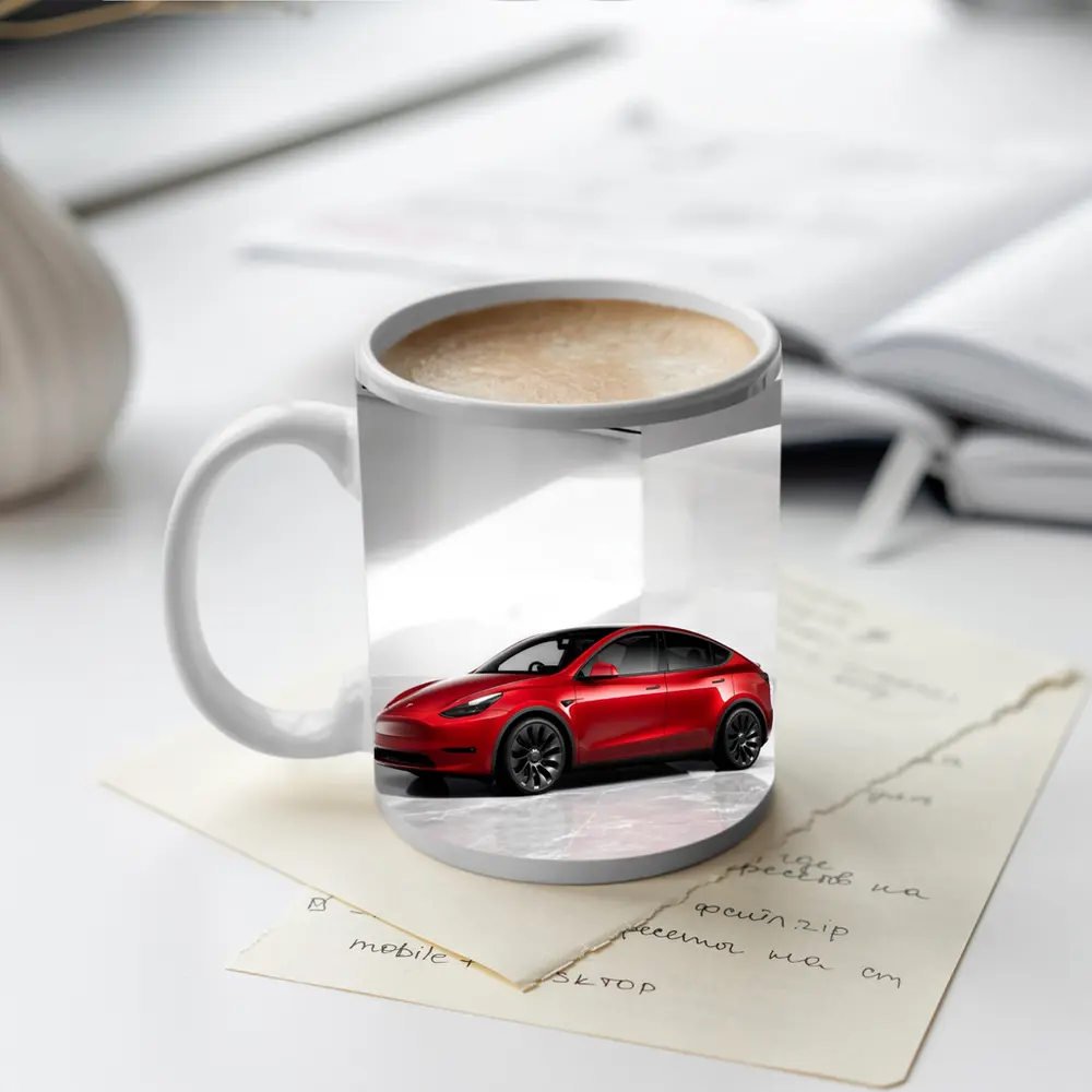 Tesla Model Y Red Car White Studio – Mugs