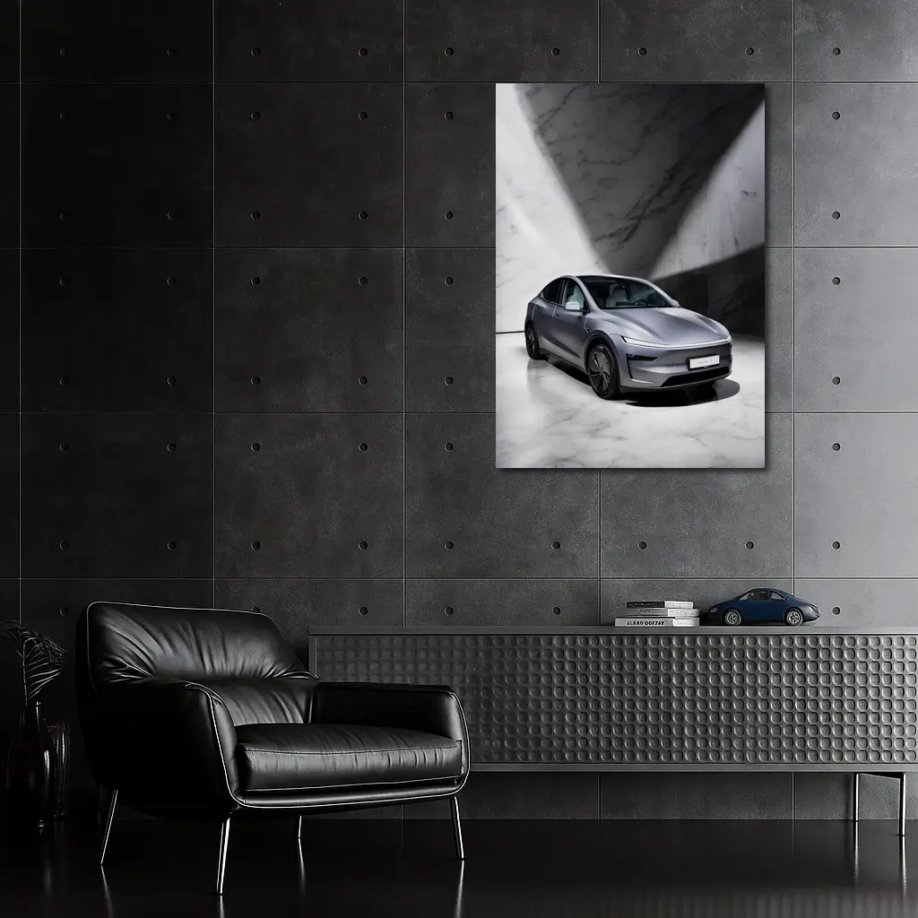 Tesla Model Y Silver Marble Studio Setting – Wall Art