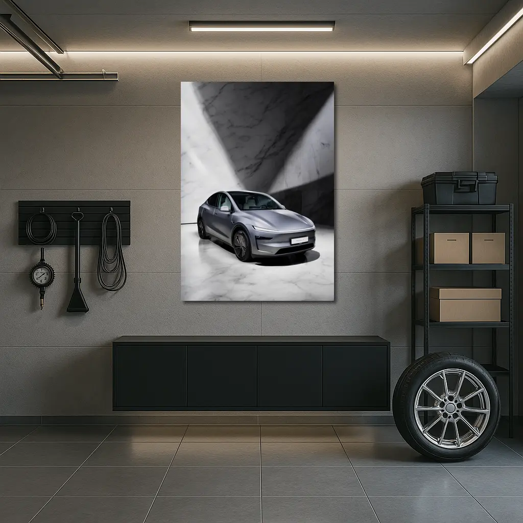 Tesla Model Y Silver Marble Studio Setting – Wall Art