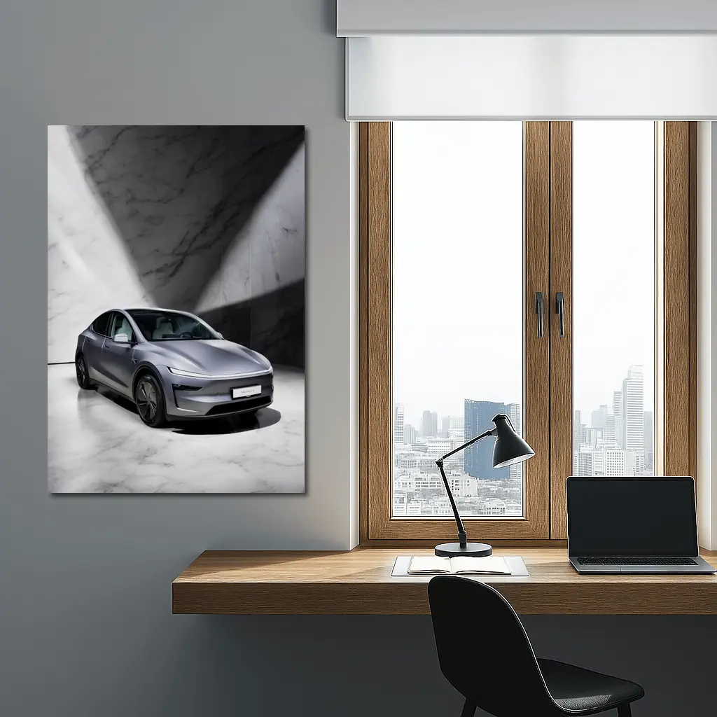 Tesla Model Y Silver Marble Studio Setting – Wall Art