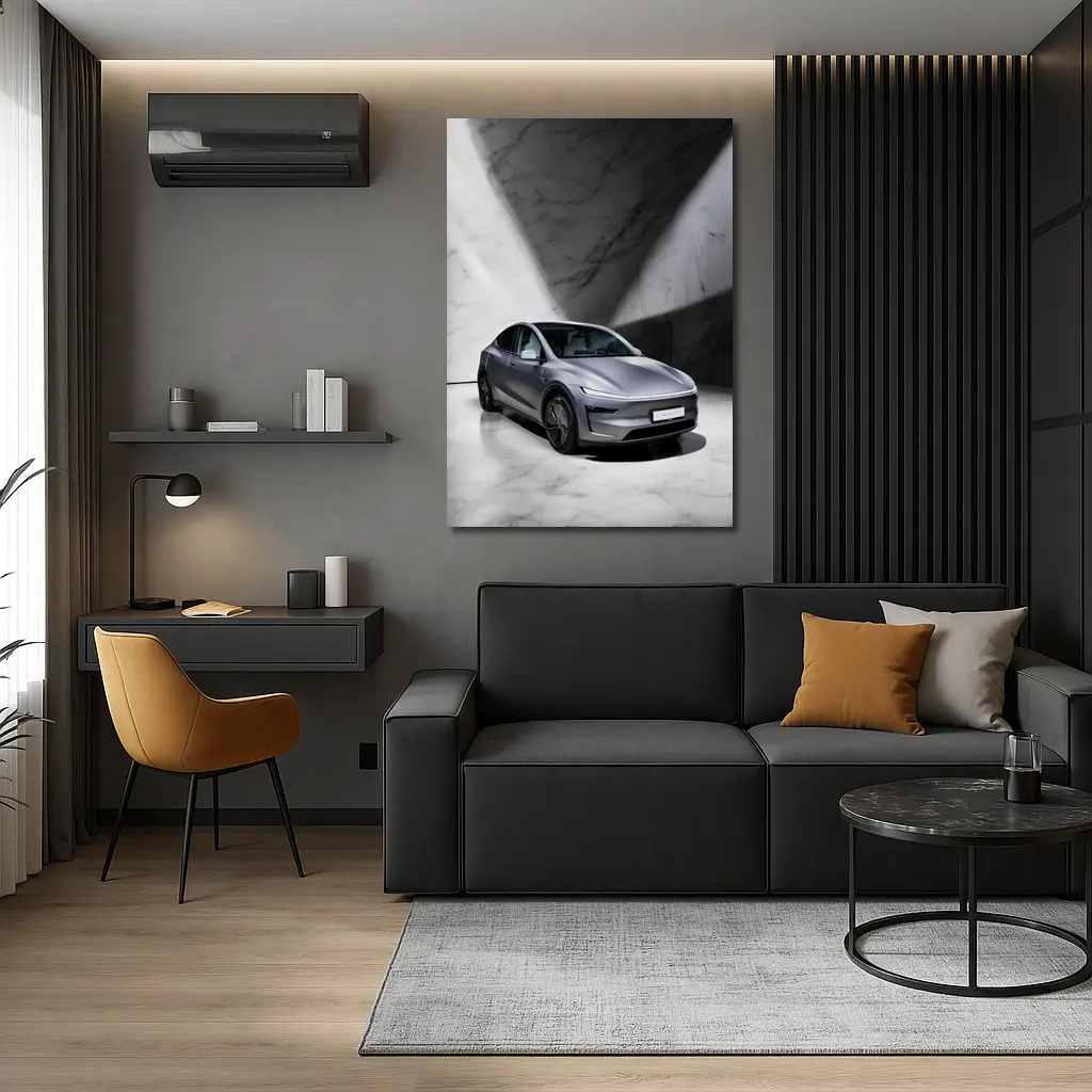 Tesla Model Y Silver Marble Studio Setting – Wall Art