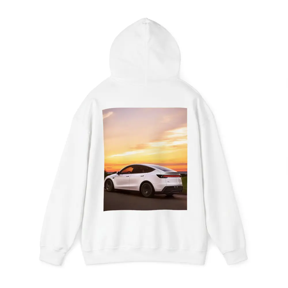 Tesla Model Y White Car Sunset Sky – Hoodies