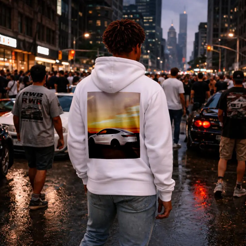 Tesla Model Y White Car Sunset Sky – Hoodies