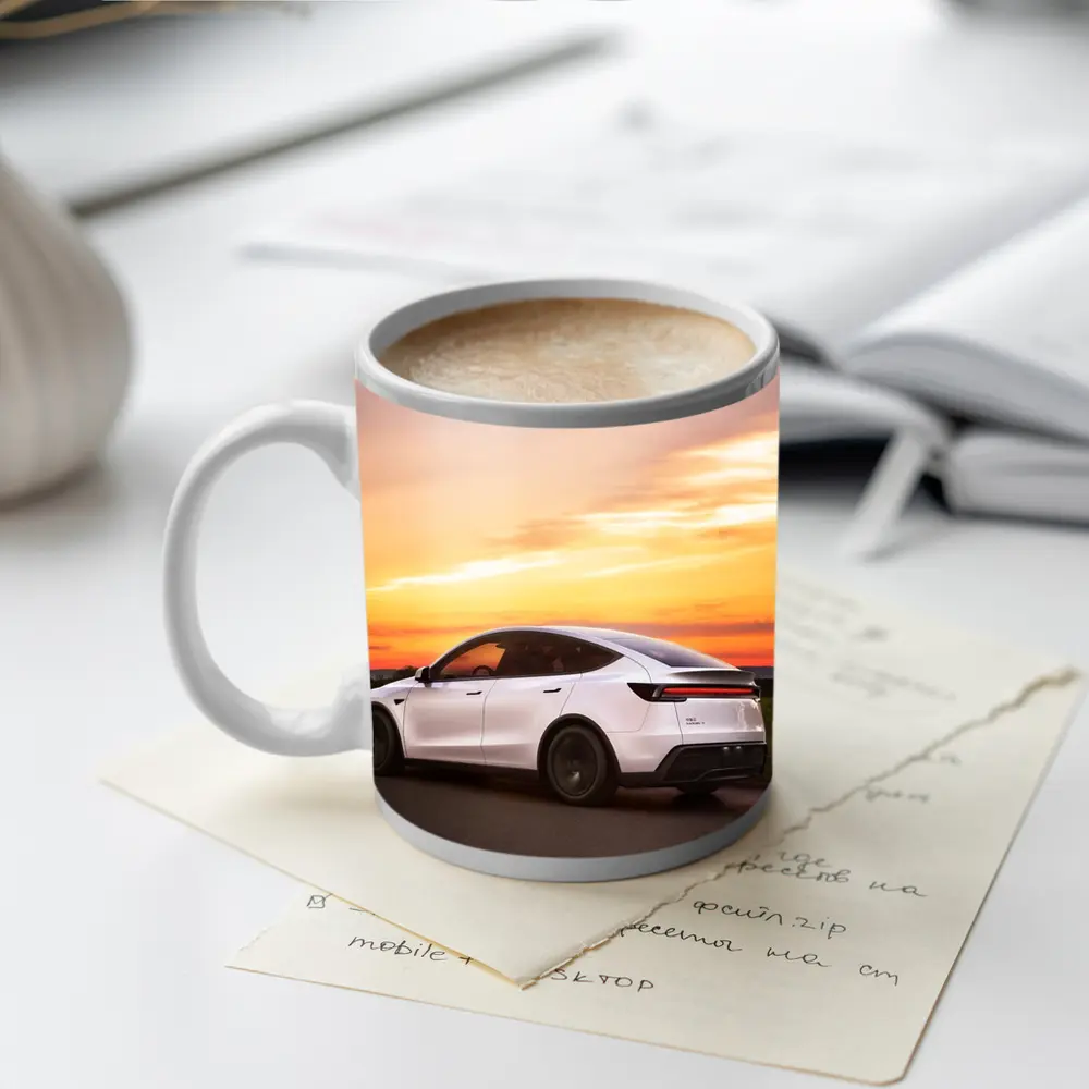 Tesla Model Y White Car Sunset Sky – Mugs