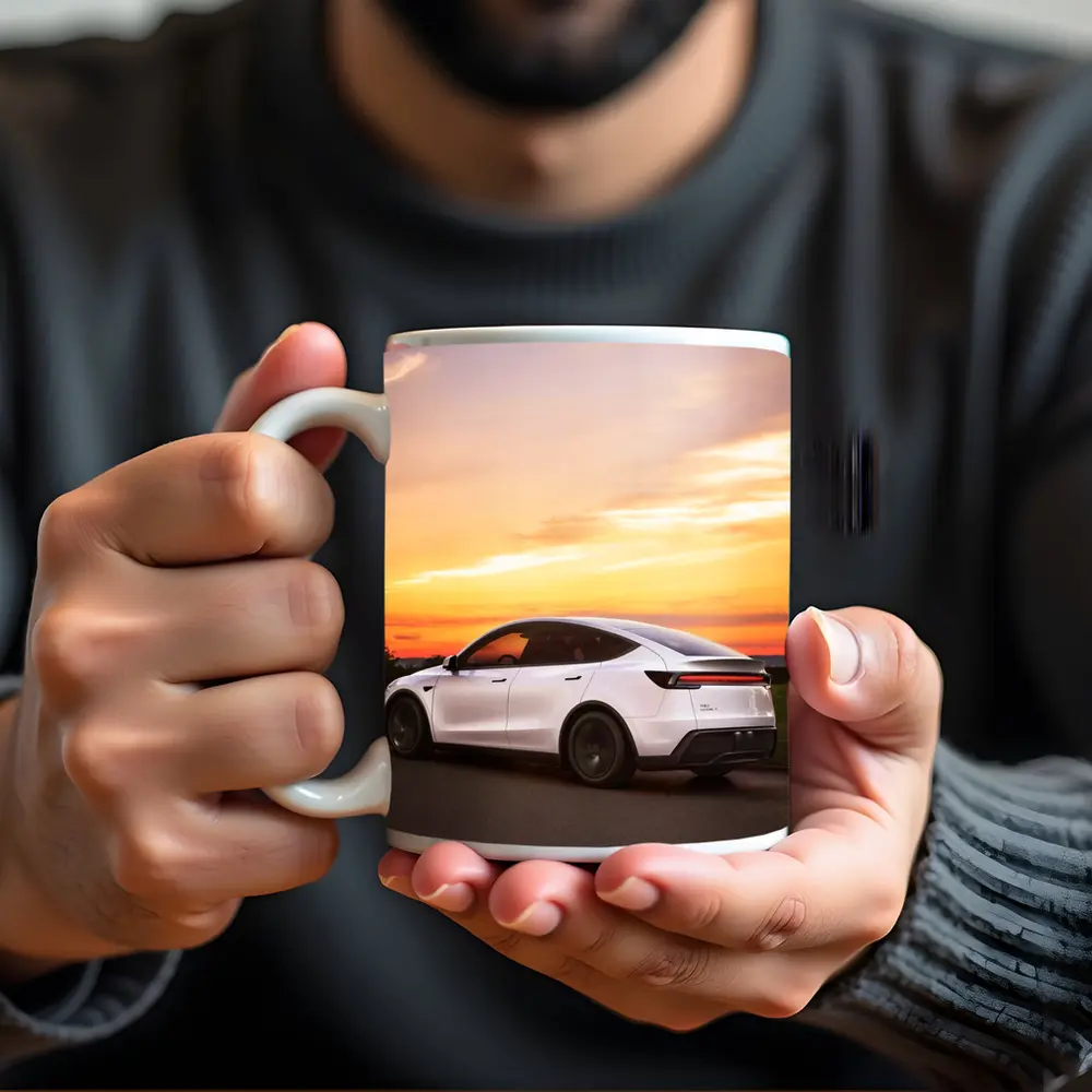 Tesla Model Y White Car Sunset Sky – Mugs
