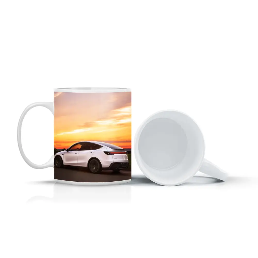 Tesla Model Y White Car Sunset Sky – Mugs