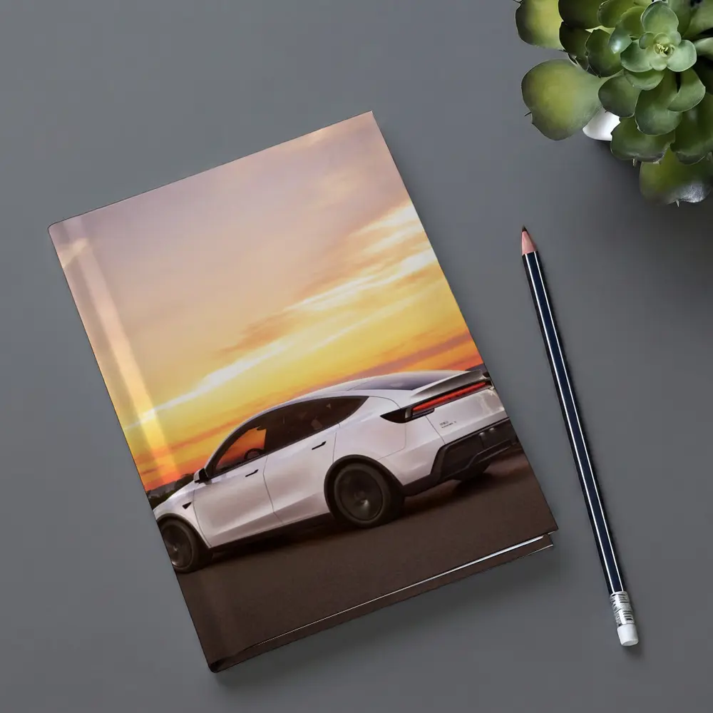 Tesla Model Y White Car Sunset Sky – Notebooks