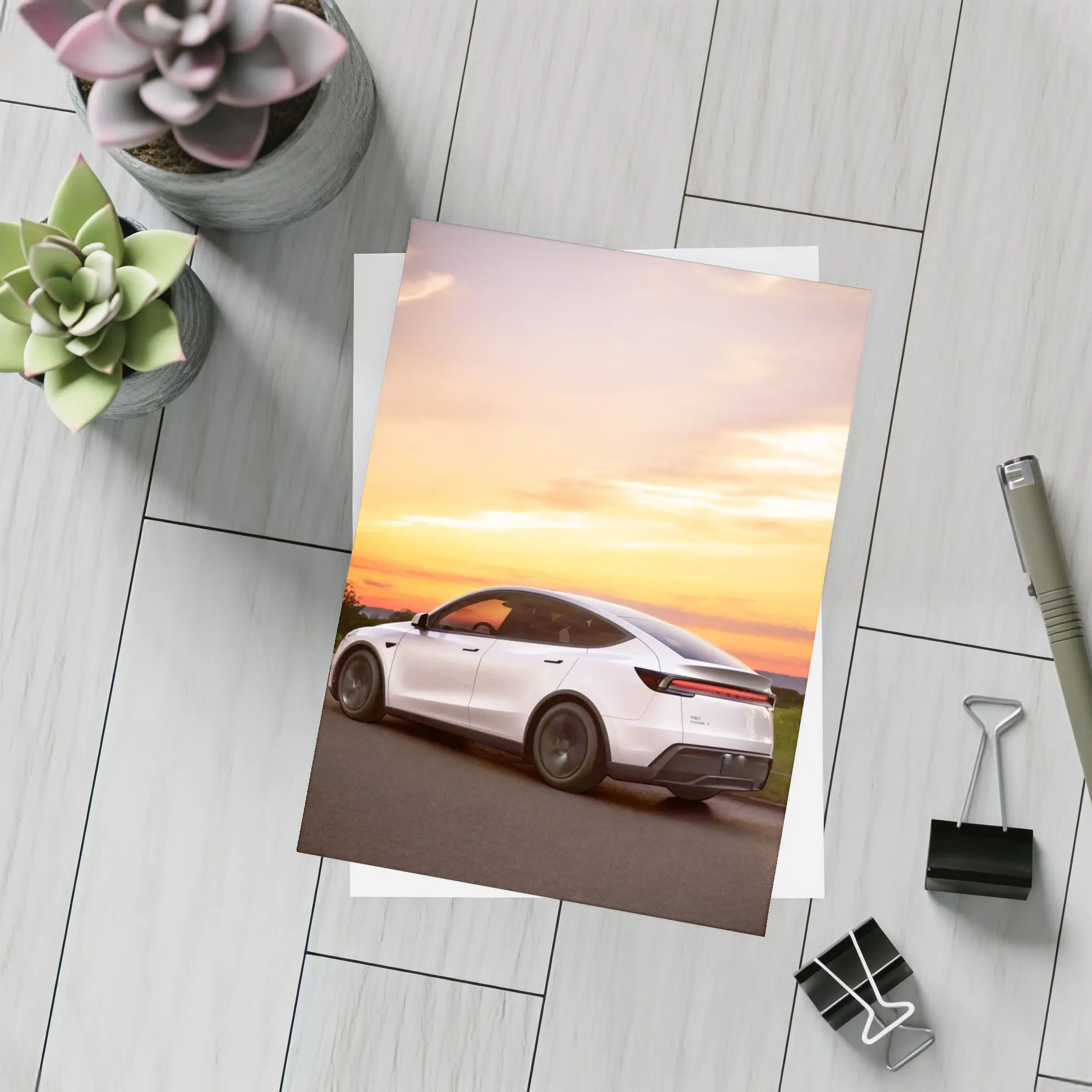 Tesla Model Y White Car Sunset Sky – Postcards