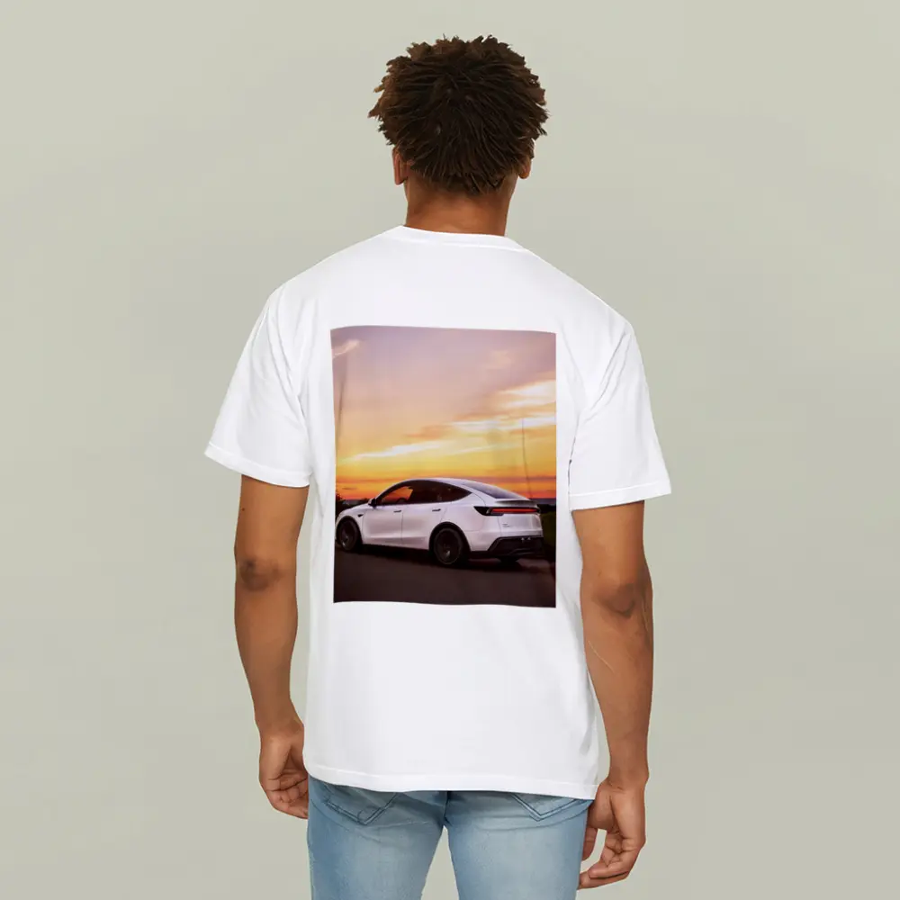 Tesla Model Y White Car Sunset Sky – T-Shirts