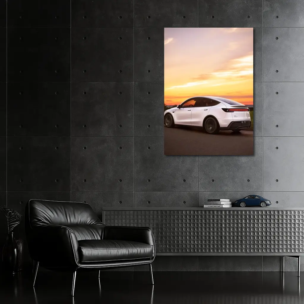 Tesla Model Y White Car Sunset Sky – Wall Art