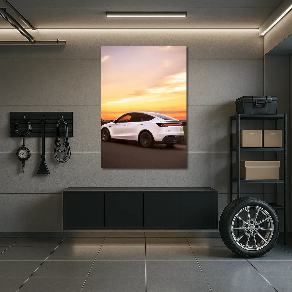 Tesla Model Y White Car Sunset Sky – Wall Art