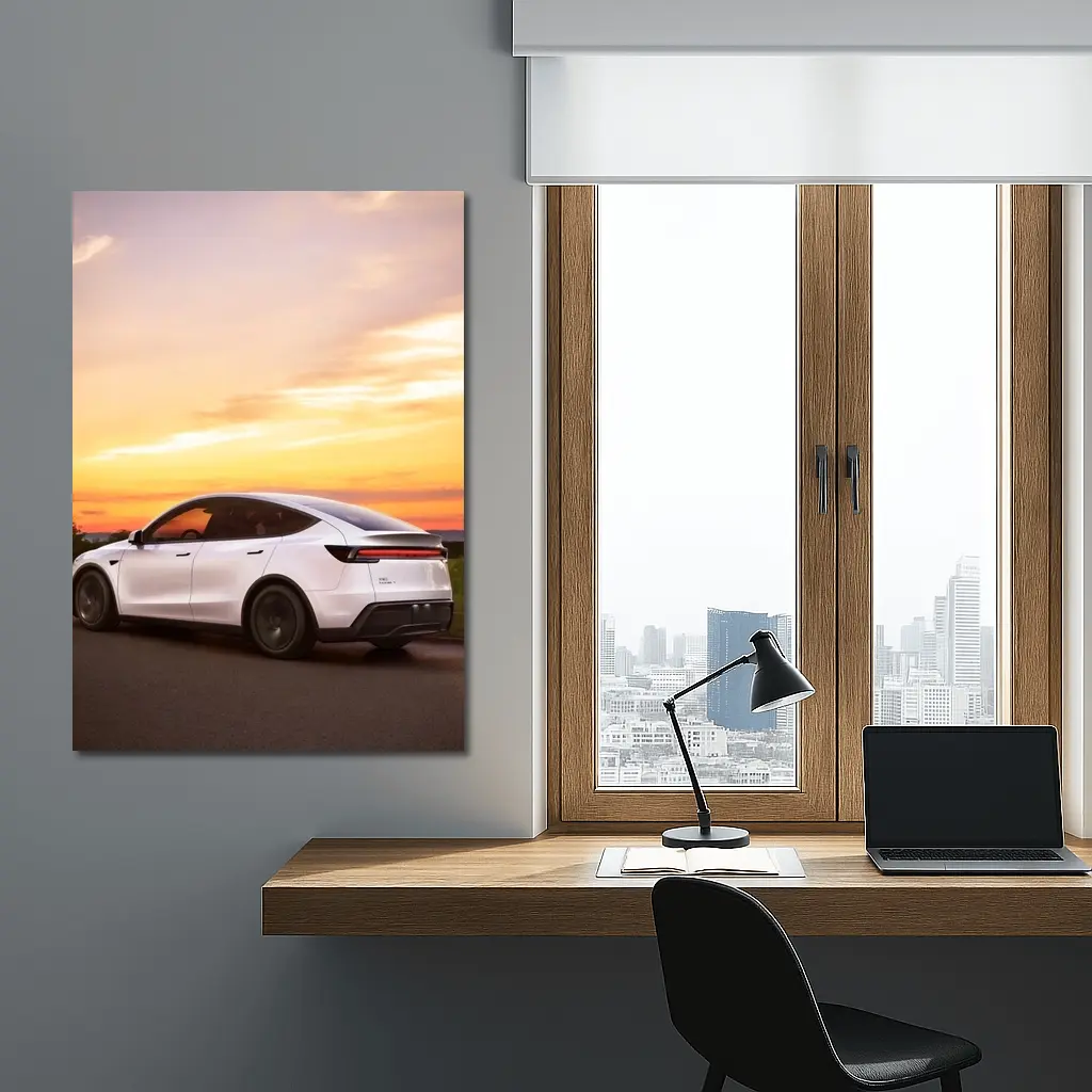 Tesla Model Y White Car Sunset Sky – Wall Art