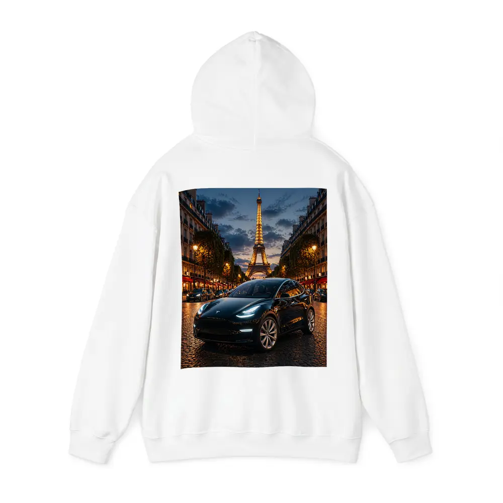 Tesla Model Y Black Paris Eiffel Tower Night – Hoodies