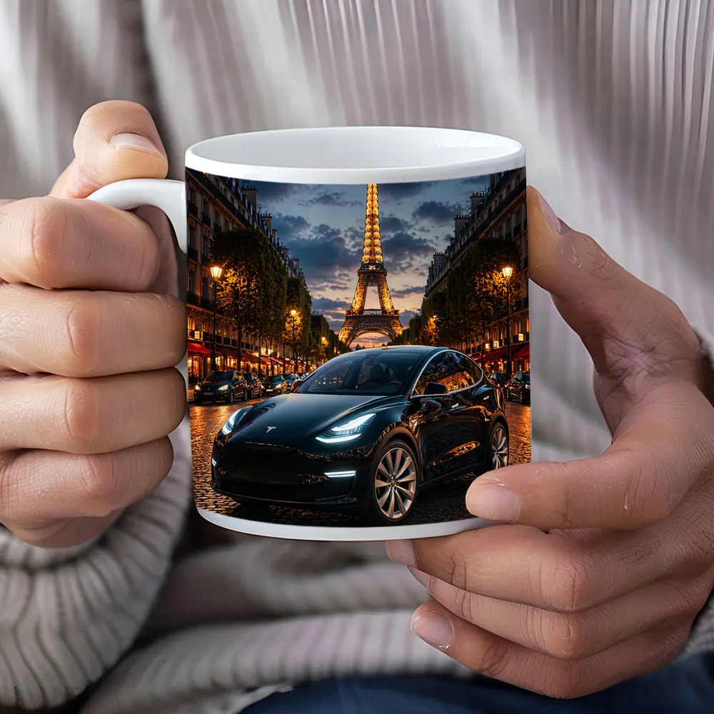 Tesla Model Y Black Paris Eiffel Tower Night – Mugs
