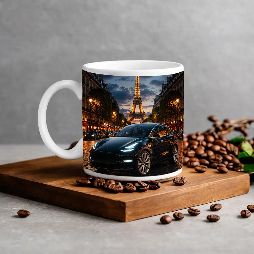 Tesla Model Y Black Paris Eiffel Tower Night – Mugs