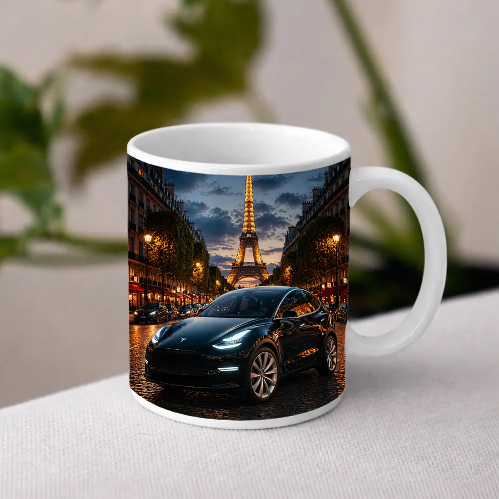 Tesla Model Y Black Paris Eiffel Tower Night – Mugs