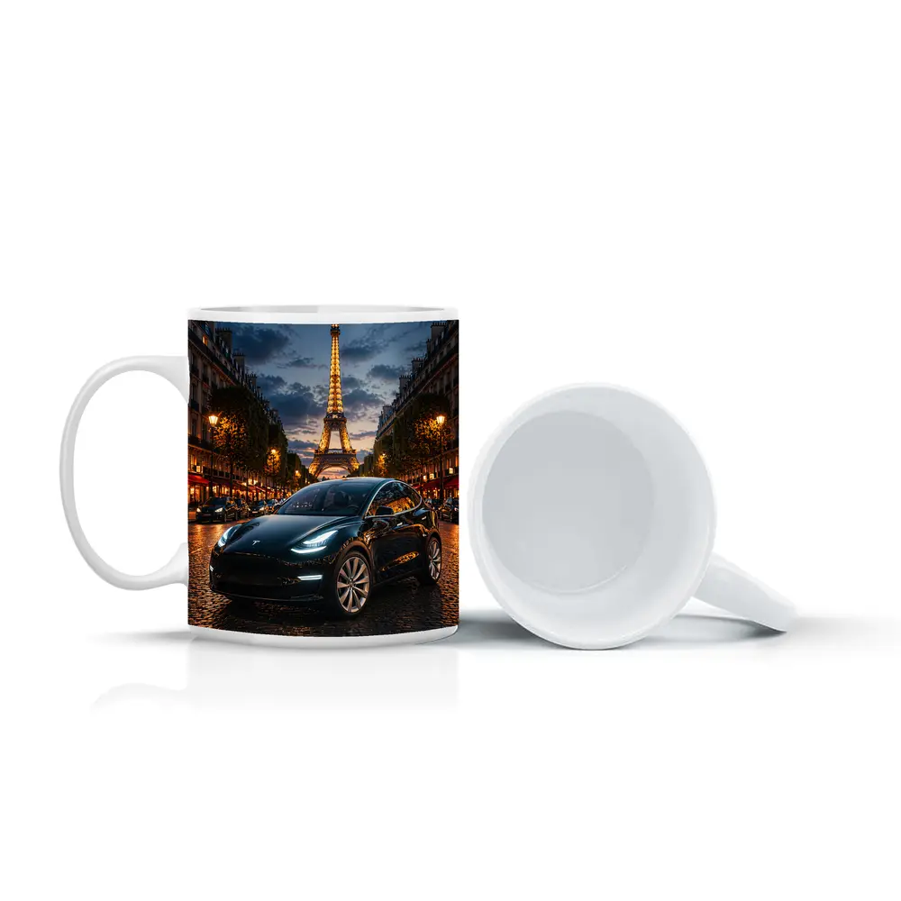 Tesla Model Y Black Paris Eiffel Tower Night – Mugs