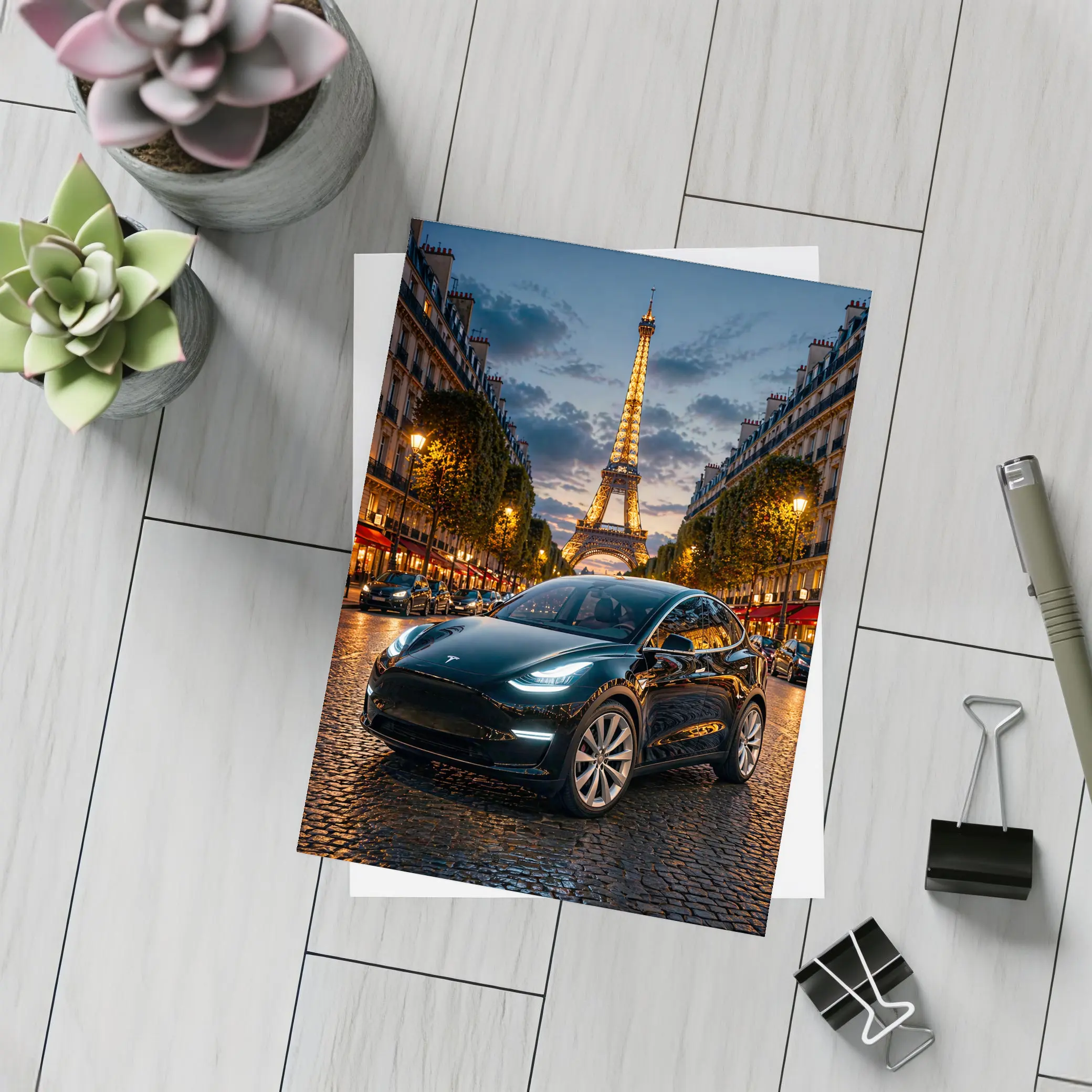 Tesla Model Y Black Paris Eiffel Tower Night – Postcards