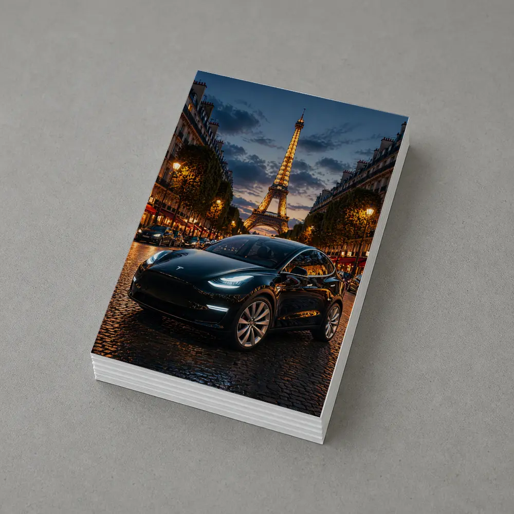 Tesla Model Y Black Paris Eiffel Tower Night – Postcards