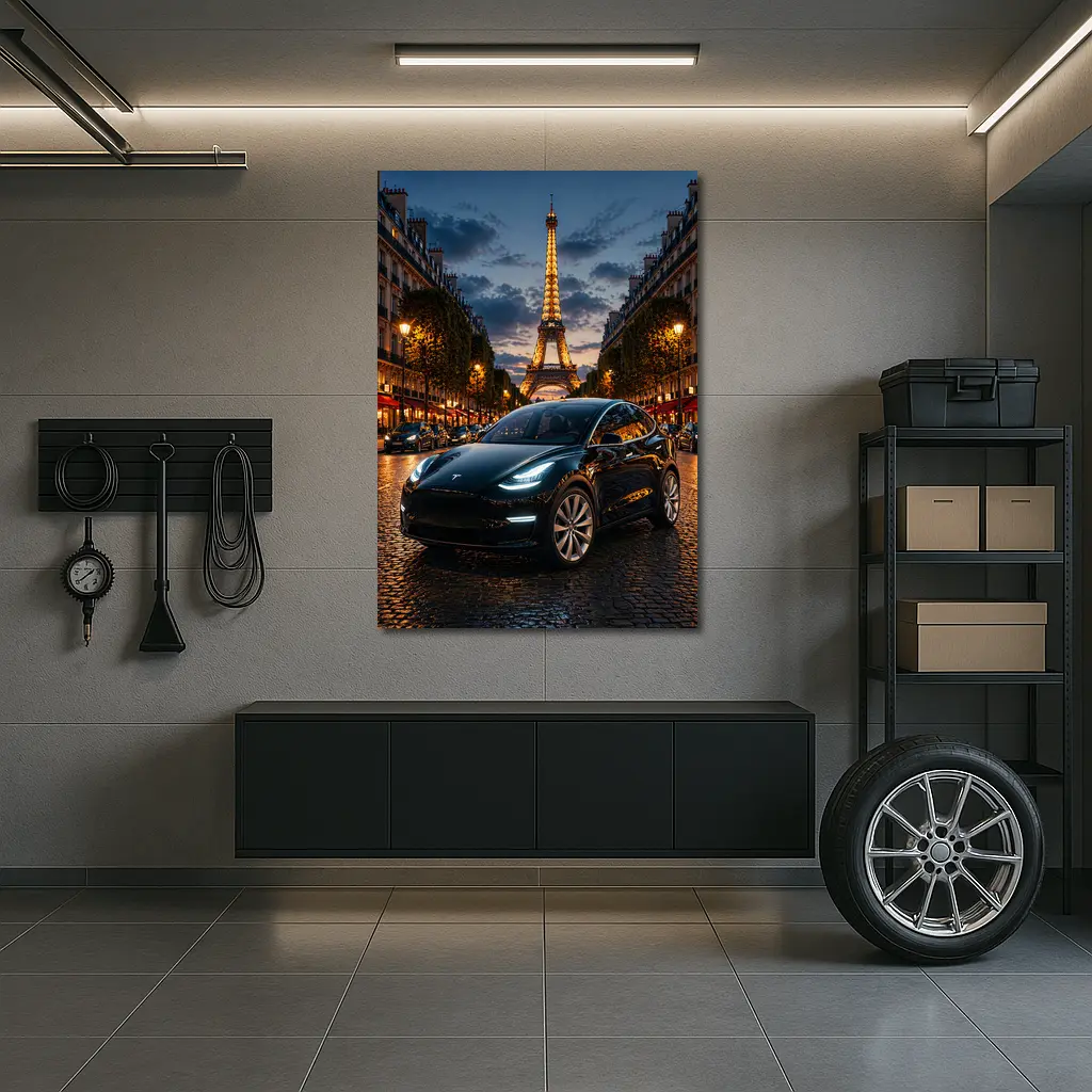Tesla Model Y Black Paris Eiffel Tower Night – Wall Art
