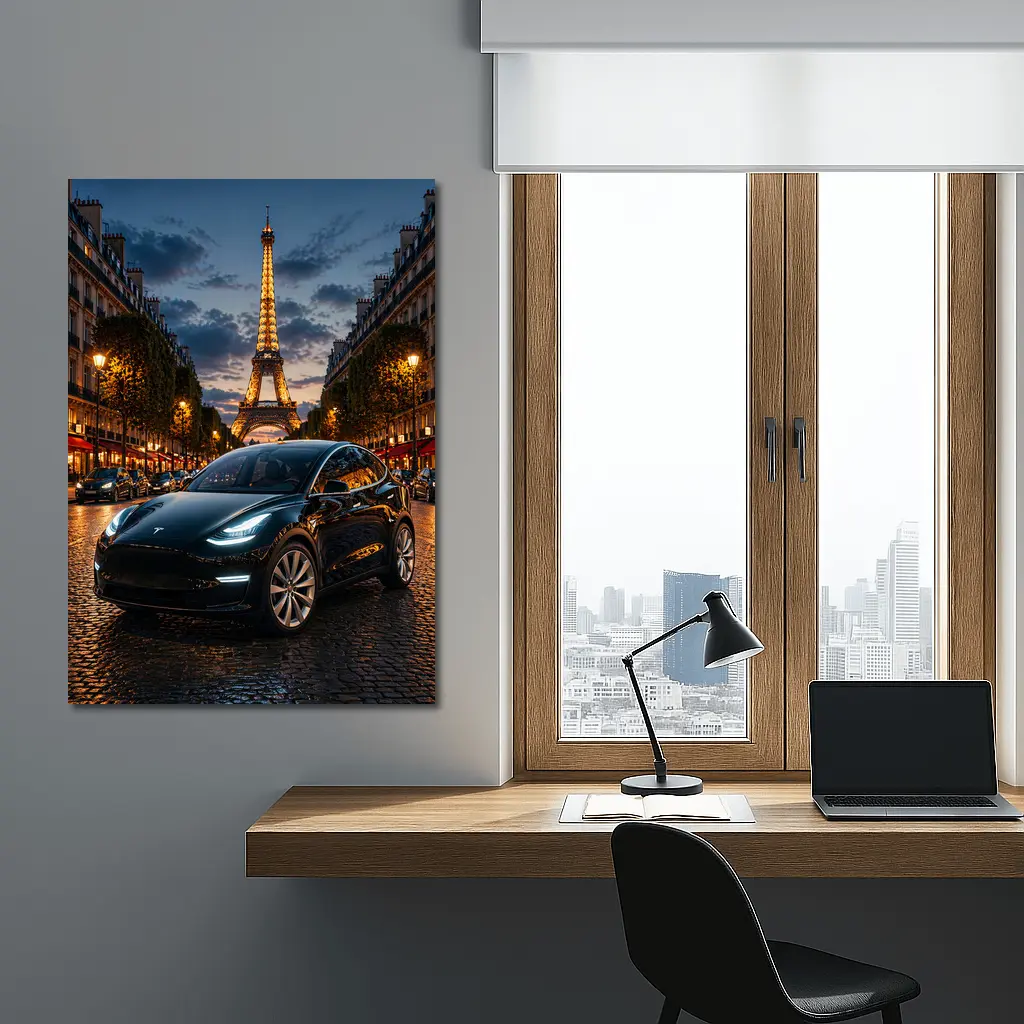 Tesla Model Y Black Paris Eiffel Tower Night – Wall Art
