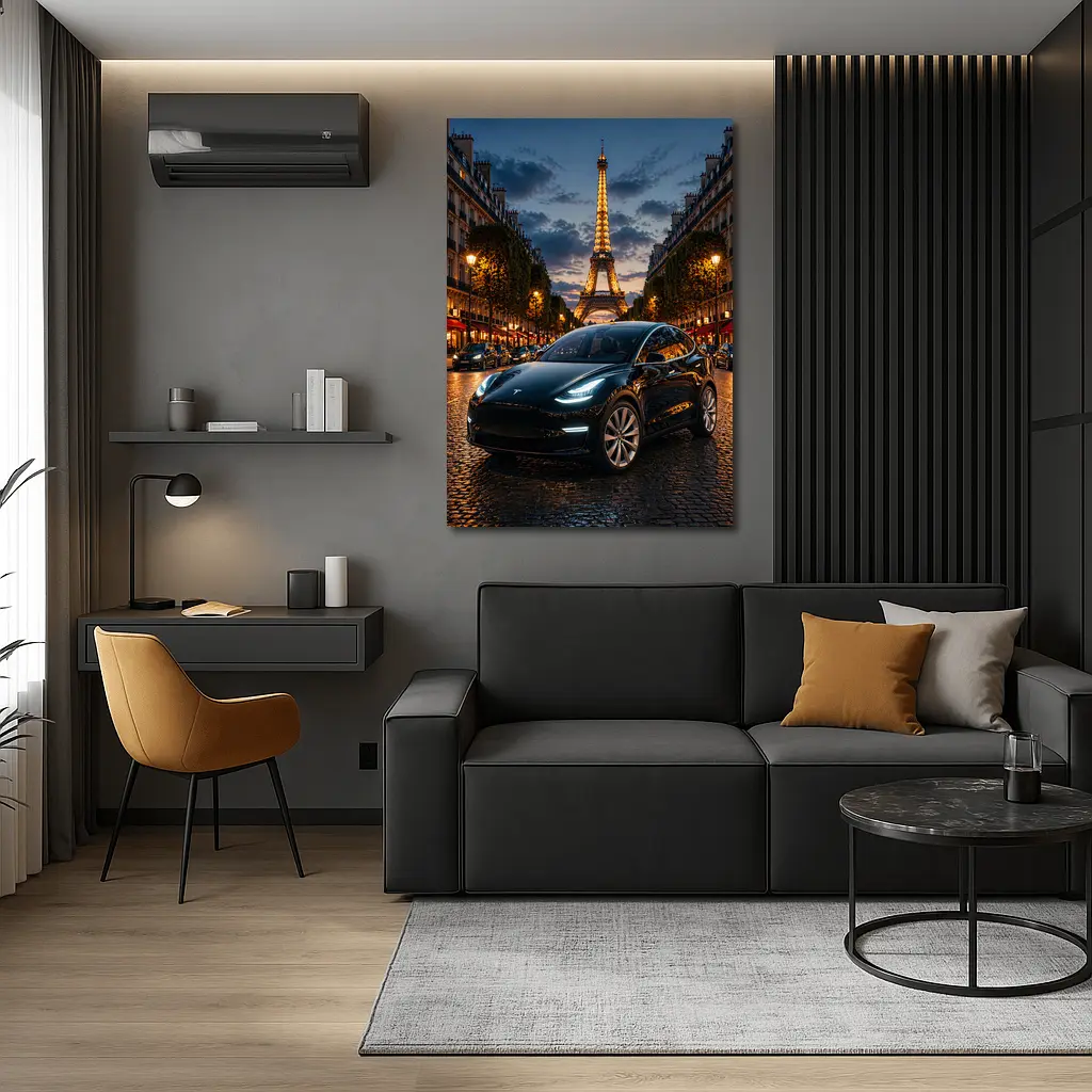 Tesla Model Y Black Paris Eiffel Tower Night – Wall Art