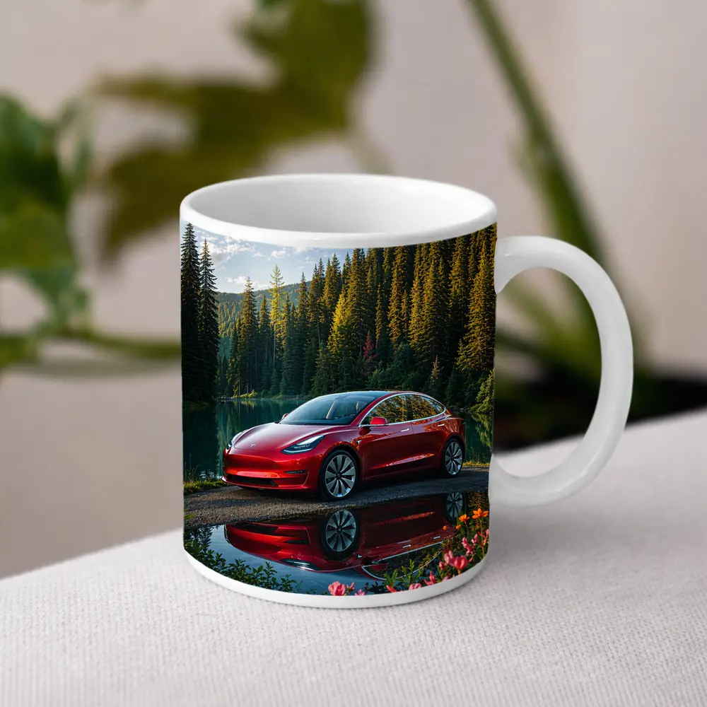 Red Tesla Model 3 by Forest Lake – Mugs