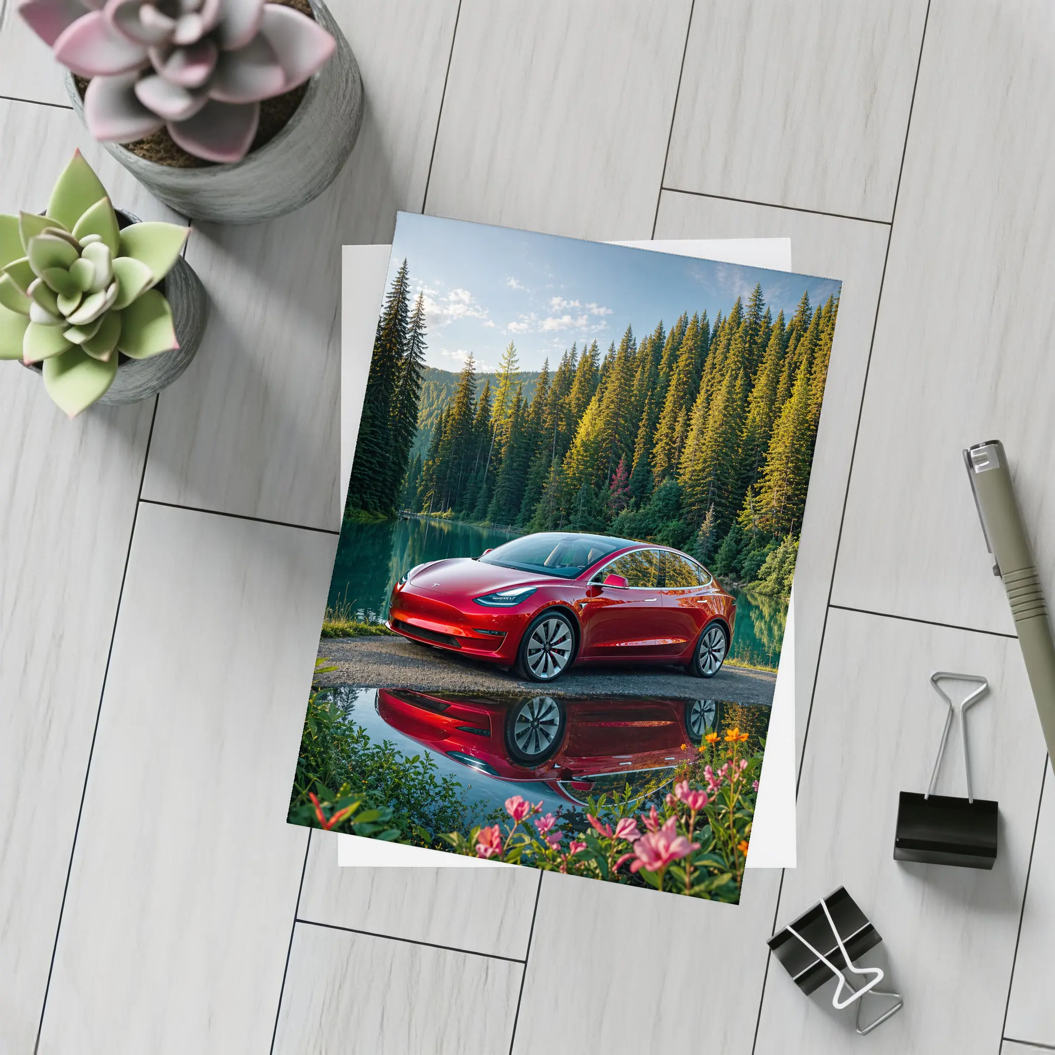 Red Tesla Model 3 by Forest Lake – Postcards