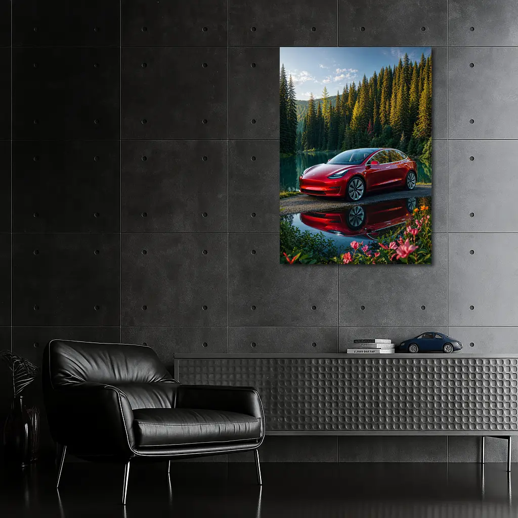 Red Tesla Model 3 by Forest Lake – Wall Art