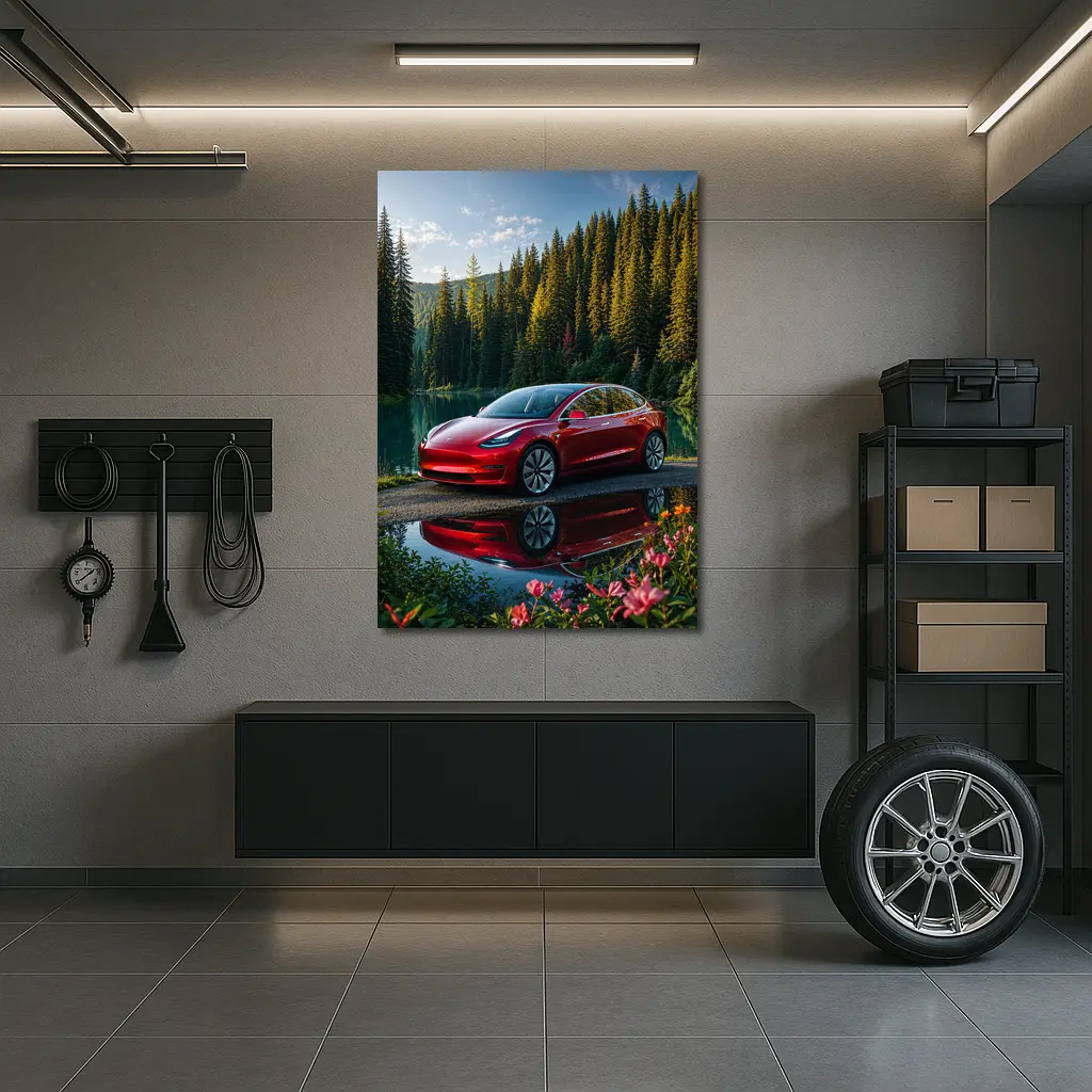 Red Tesla Model 3 by Forest Lake – Wall Art