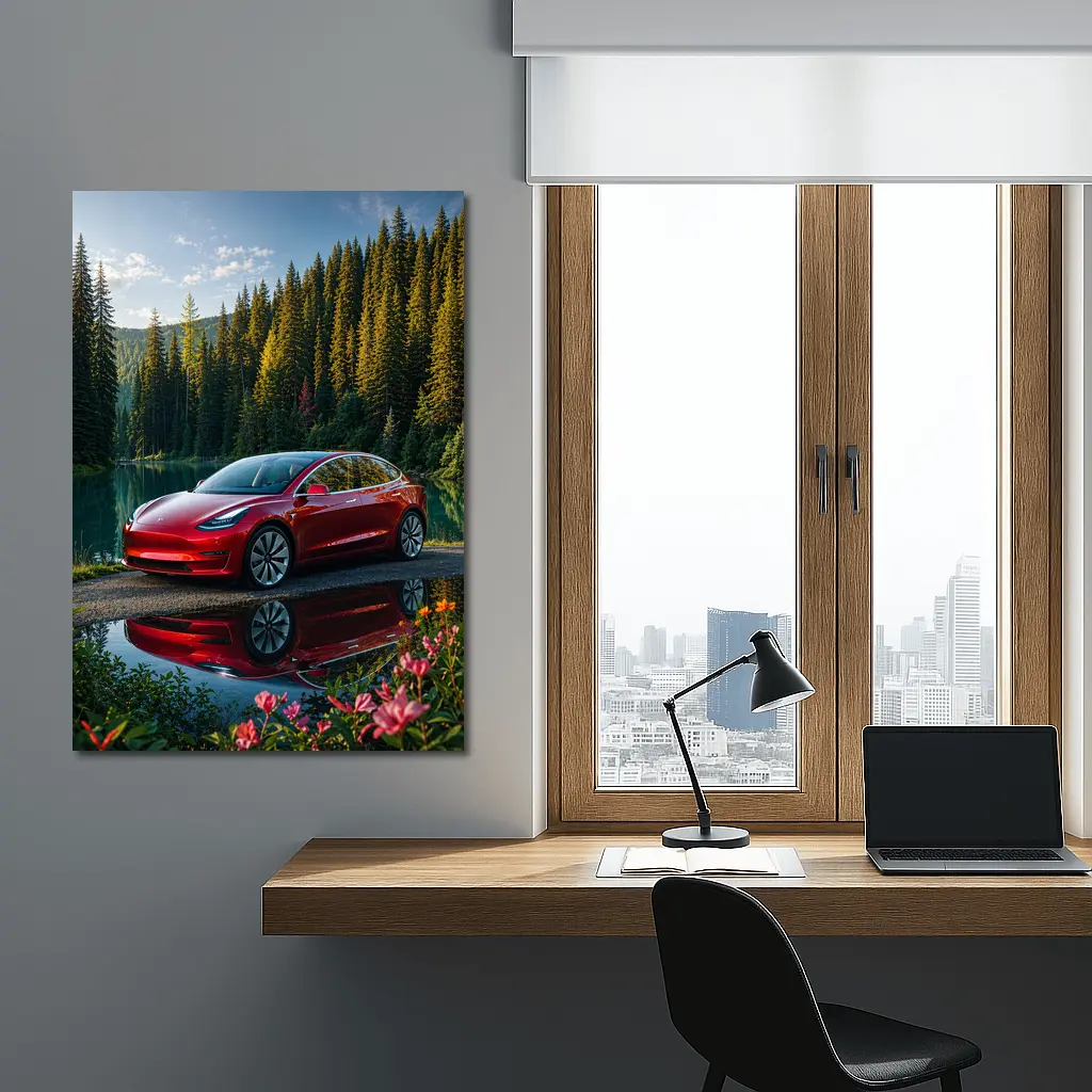 Red Tesla Model 3 by Forest Lake – Wall Art