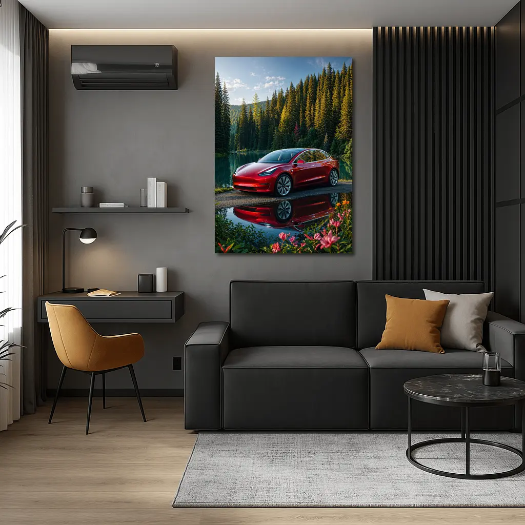 Red Tesla Model 3 by Forest Lake – Wall Art