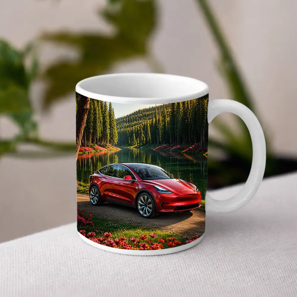 Red Tesla Model Y By Forest Lake – Mugs