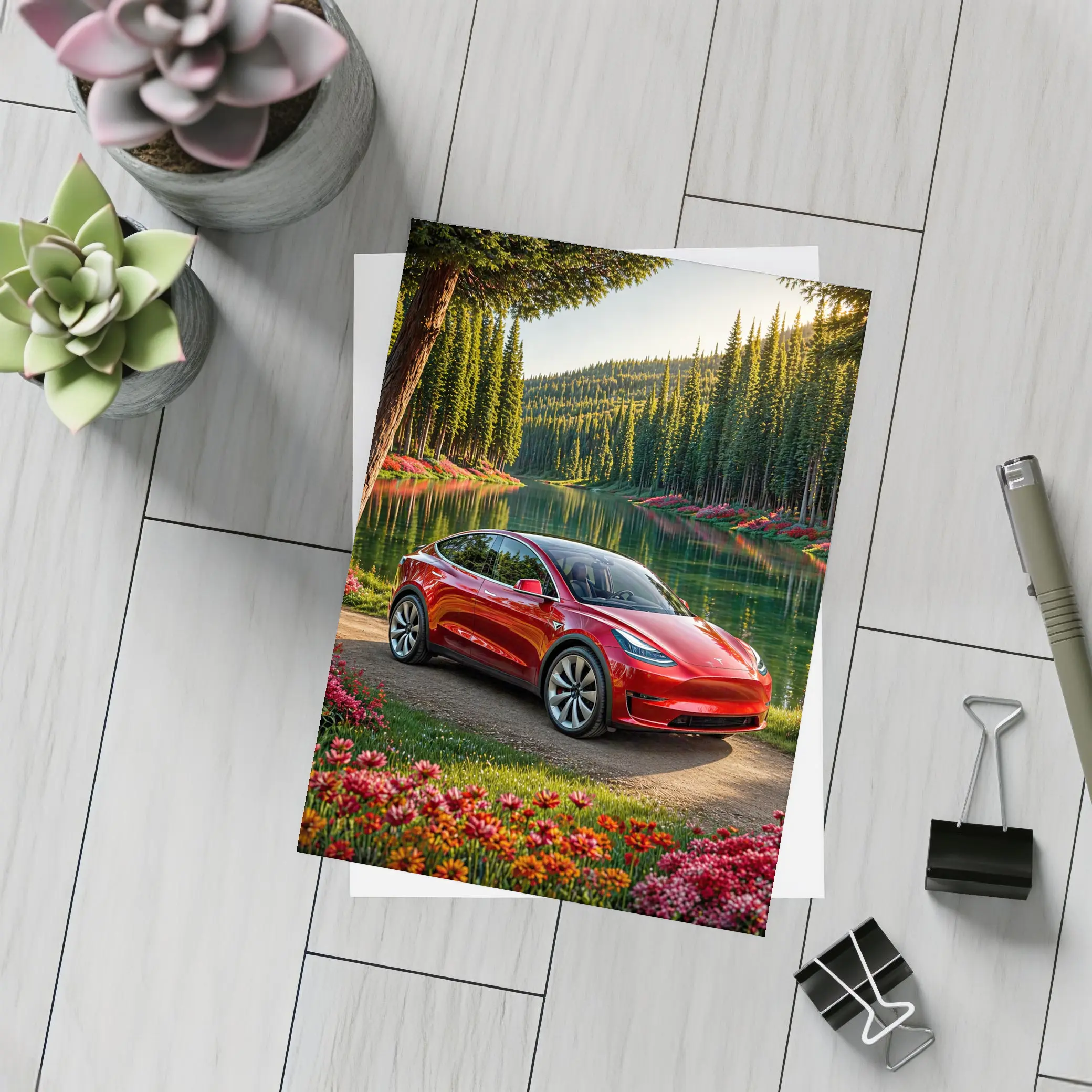 Red Tesla Model Y By Forest Lake – Postcards