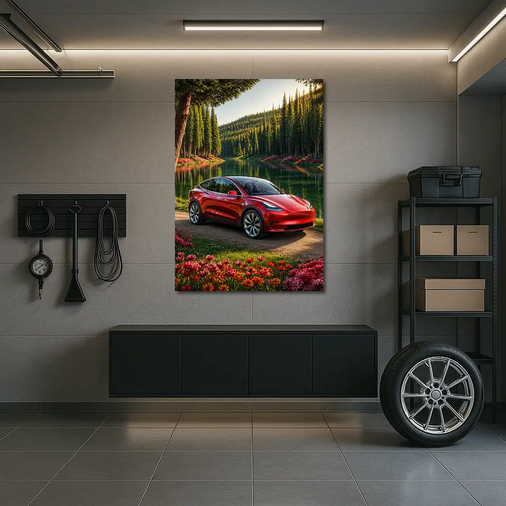 Red Tesla Model Y By Forest Lake – Wall Art