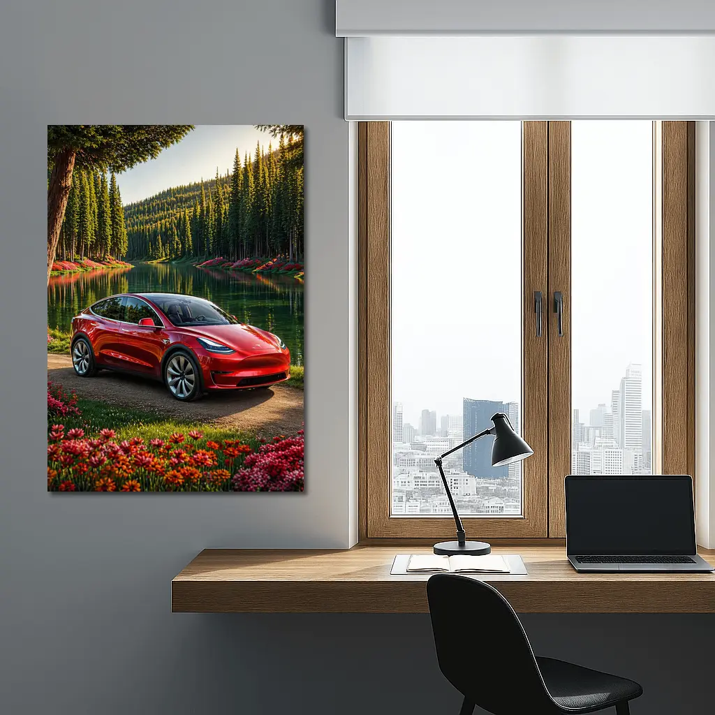 Red Tesla Model Y By Forest Lake – Wall Art
