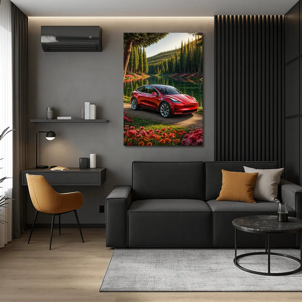 Red Tesla Model Y By Forest Lake – Wall Art